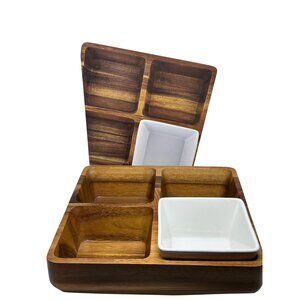 NIB The Cellar Divided Server – Wood Tray with White Removable Ceramic Bowl